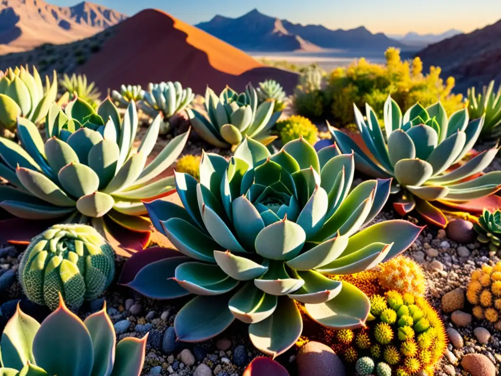 Jardín de suculentas en desierto, ejemplo de xerojardinería bajo consumo agua, con colores vibrantes y patrones intrincados