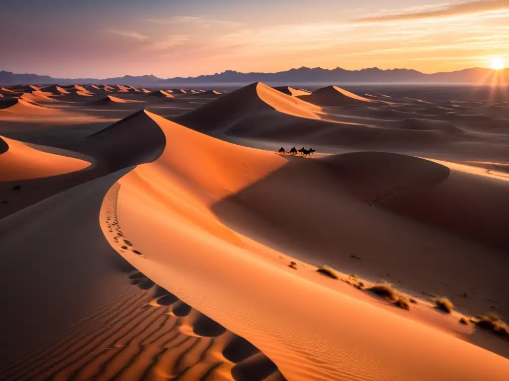 Fotografía en el desierto: Espectacular paisaje de dunas al atardecer, con camellos en el horizonte