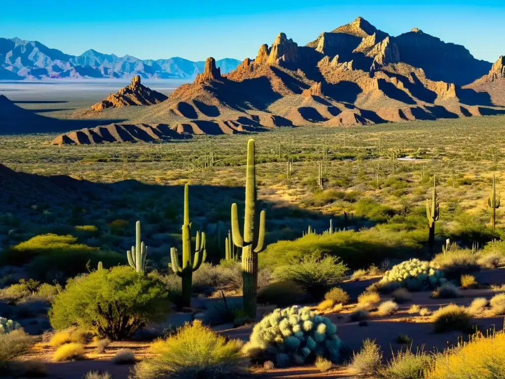 Desierto mexicano con cactus saguaros, montañas y naturaleza salvaje