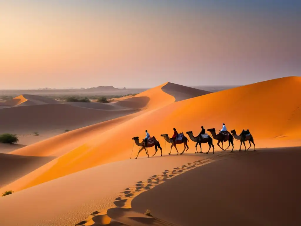 Desierto Thar al amanecer: dunas doradas, cielo pastel y camellos, reflejando la grandeza del ecosistema compartido entre India y Pakistán