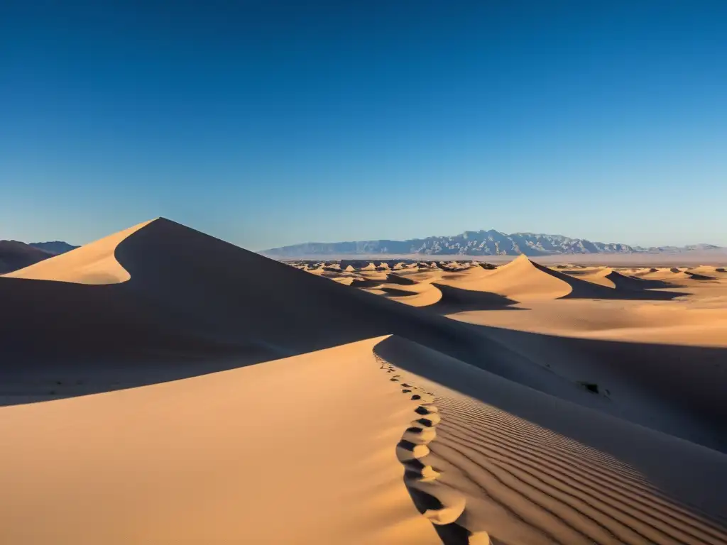 Desierto vasto e inmenso bajo cielo azul, con dunas y formaciones rocosas