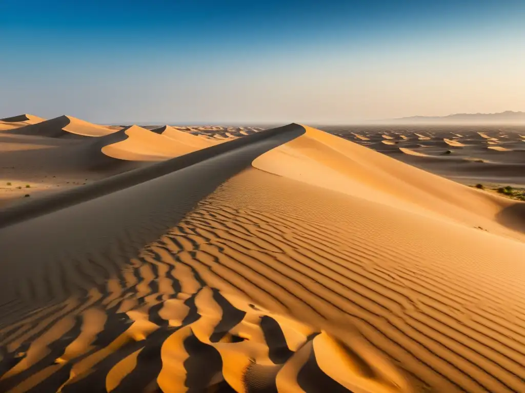 'Biodiversidad en los desiertos de Oriente Medio: paisaje de dunas de arena bajo un cielo azul claro, con sombras y vida vegetal escasa