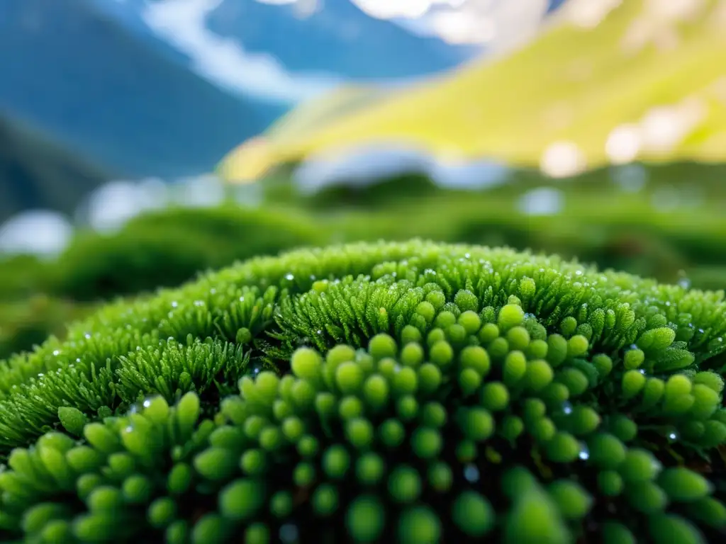 Deslumbrante musgo alpino verde salpicado de diminutas gotas de rocío