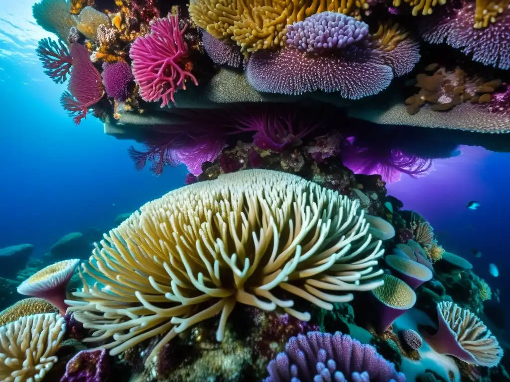 Una deslumbrante imagen detallada de un delicado arrecife de coral ártico, con tonos morados y rosados vibrantes, rodeado de aguas cristalinas