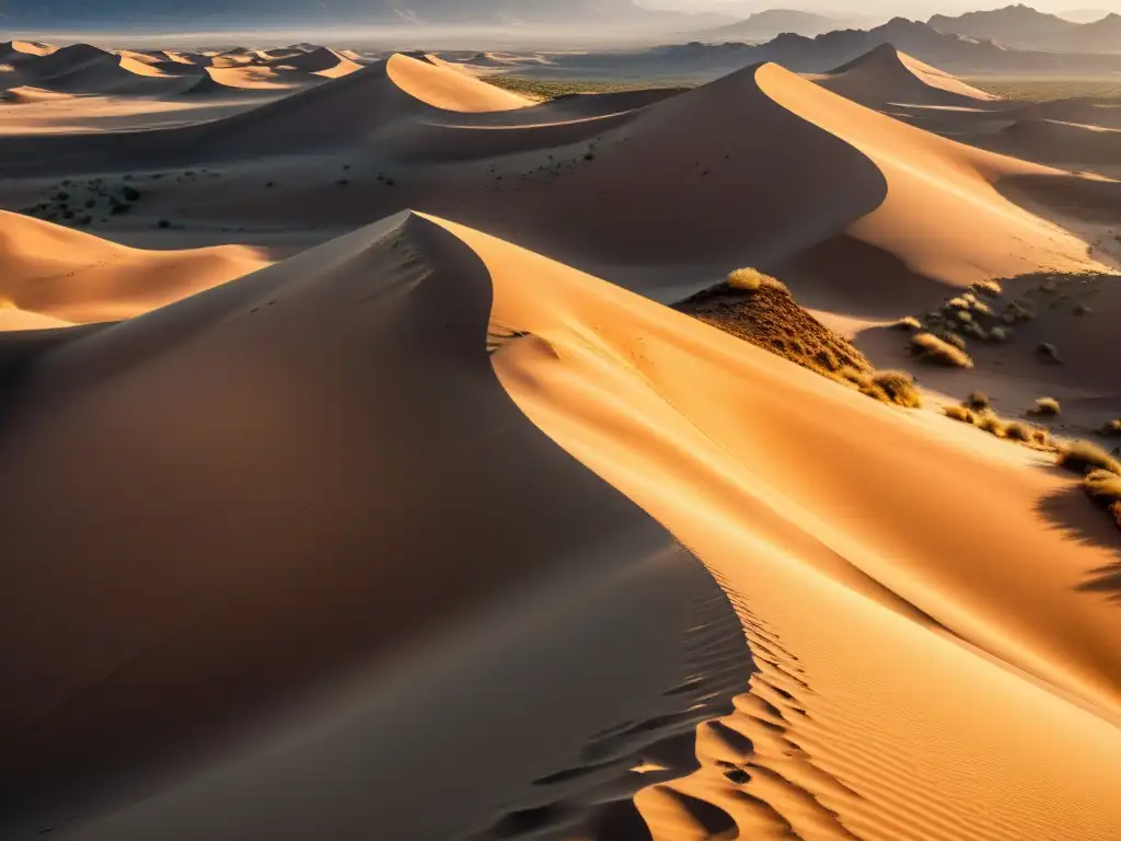 Deslumbrante paisaje desértico con dunas de arena y formaciones rocosas, bañado por cálida luz dorada