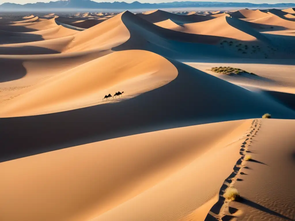 Deslumbrante paisaje del desierto con dunas de arena y una caravana de camellos