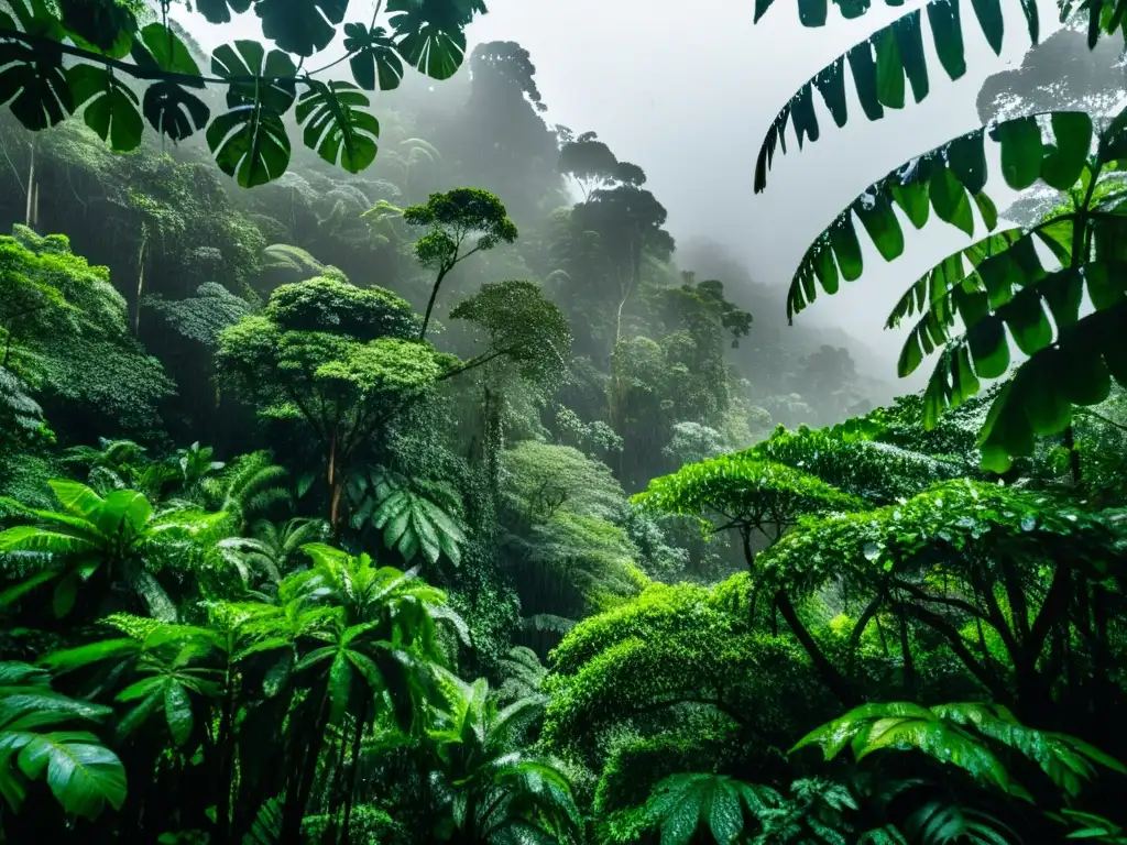 Deslumbrante selva lluviosa, destacando la importancia del ciclo del agua en la selva con su exuberante follaje verde bajo la lluvia intensa