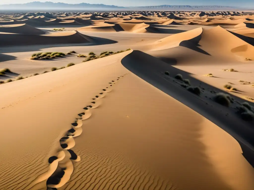 Una desolada expansión desértica por el cambio climático, con dunas de arena y vegetación escasa, transmitiendo urgencia de acción