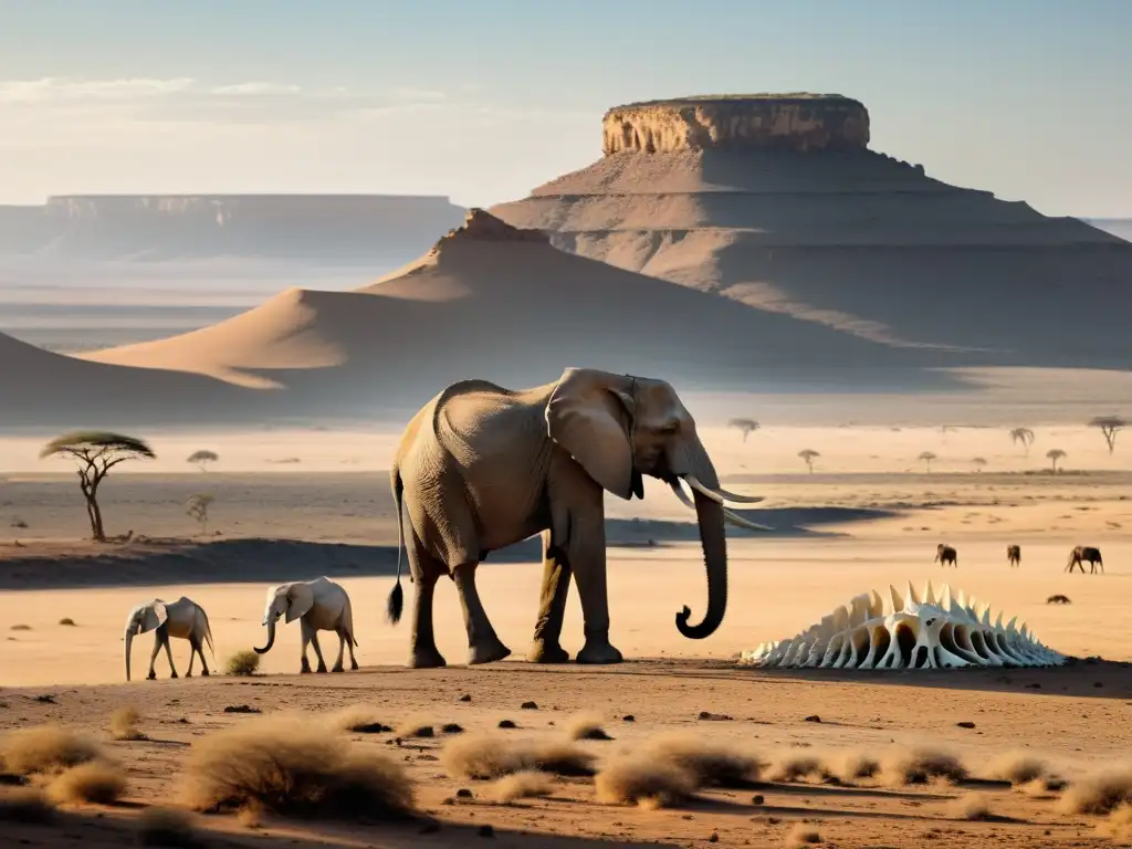 Desolado paisaje con esqueletos de elefantes y jirafas, impacto de la caza excesiva en la fauna mundial