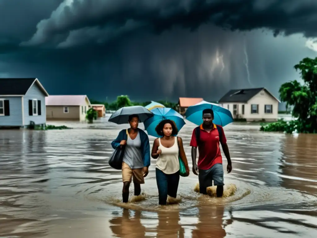 Desplazamiento humano por cambio climático: Personas atraviesan inundaciones con determinación, bajo un cielo tormentoso y casas dañadas