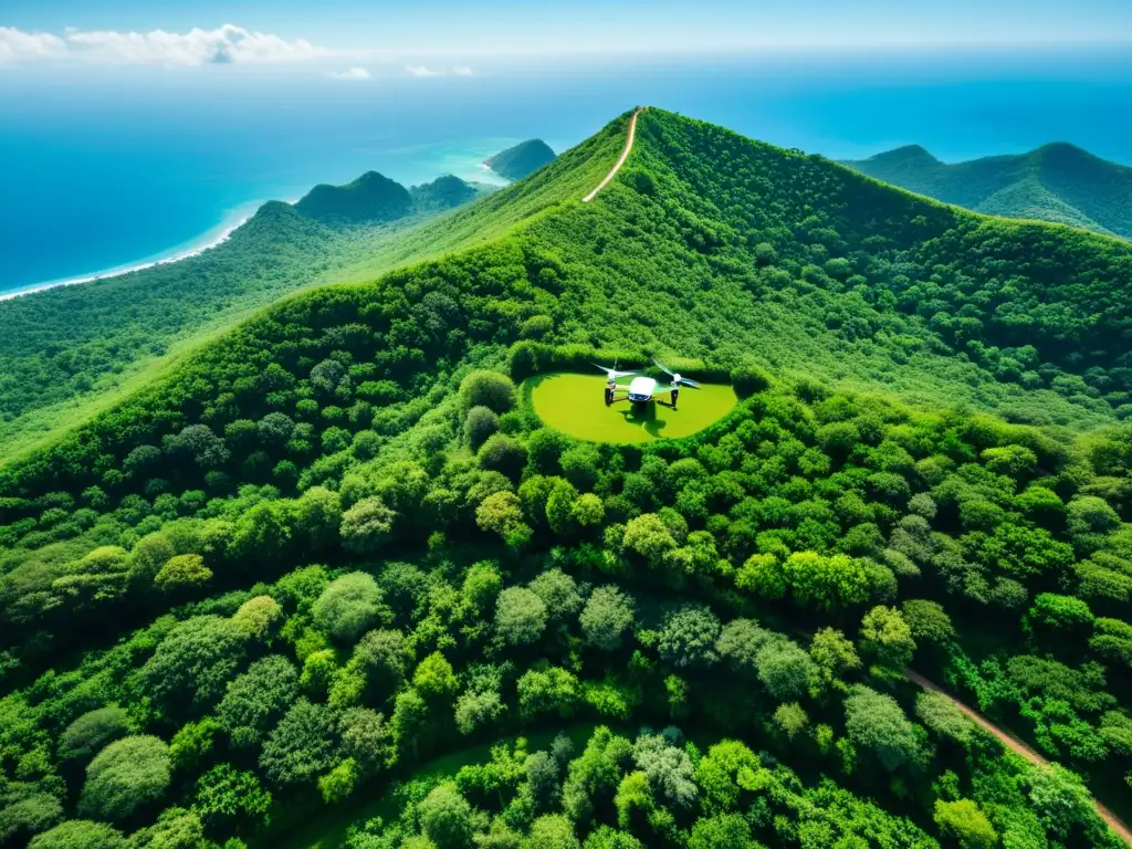 Un destino de ecoturismo exuberante capturado desde el aire con un dron, destacando la belleza natural