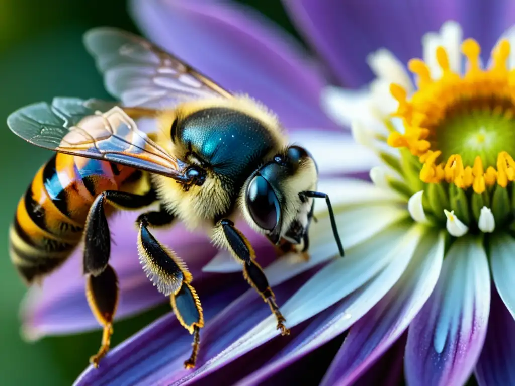 Detallada interacción de abeja polinizando flor con gota de fungicida, equilibrio ecosistémico