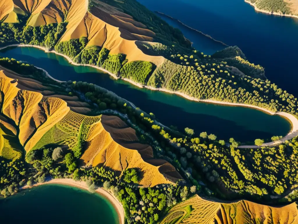 Detallada fotografía aérea de un paisaje mediterráneo, mostrando la topografía e intricados patrones de suelo