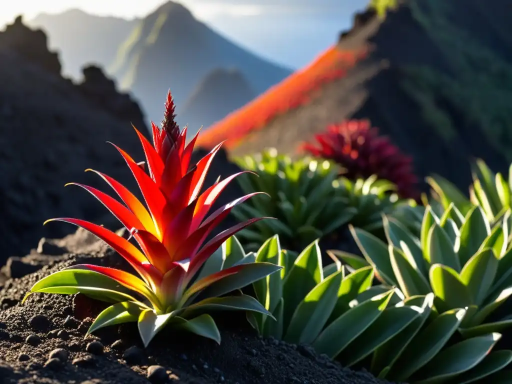 Detallada fotografía de una bromelia roja en un acantilado volcánico, con gotas de rocío brillando al sol