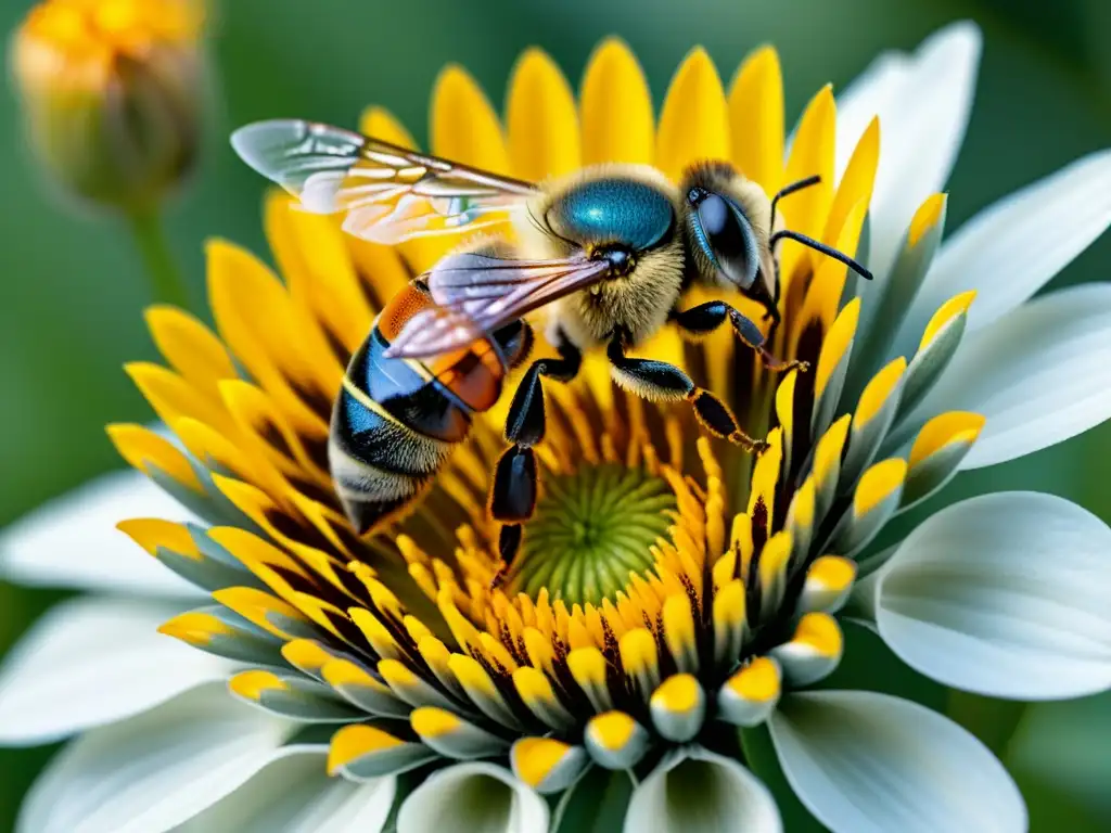 Detallada interacción ecológica y estrategias reproductivas entre abeja y flor en vibrantes colores y delicadas estructuras