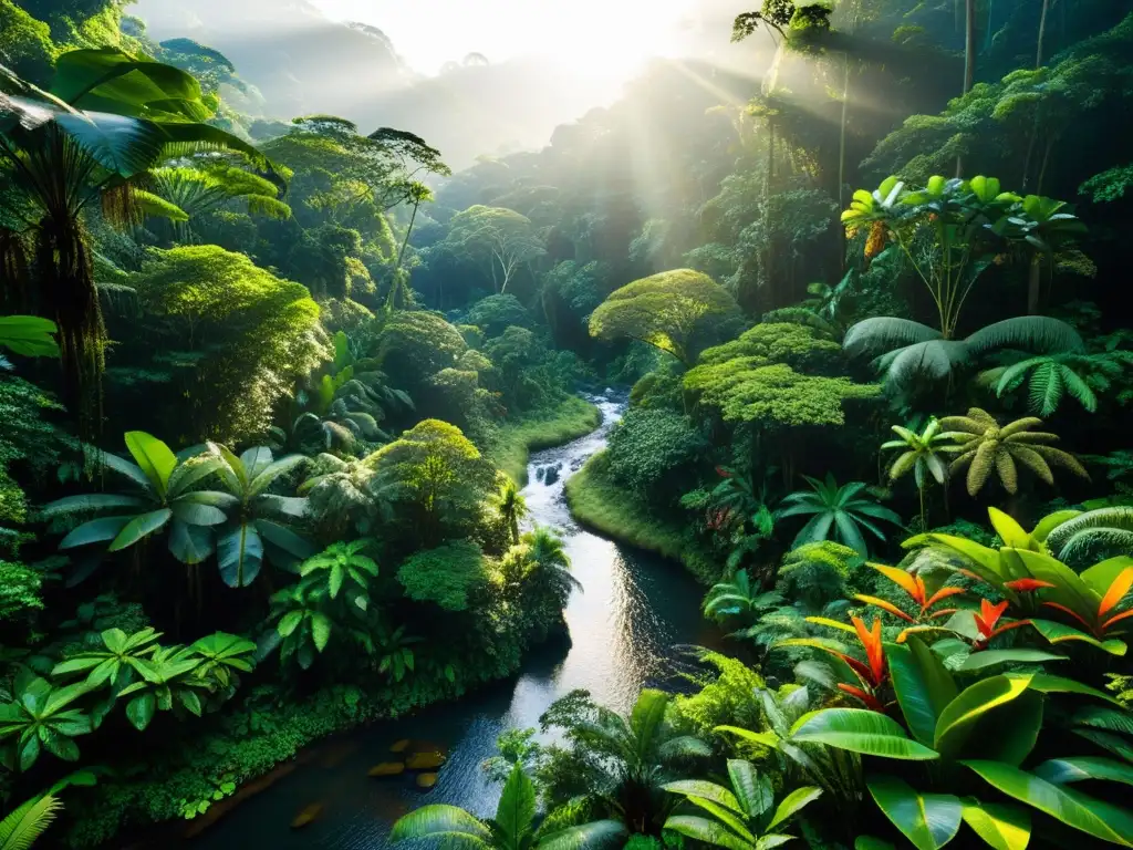 Una fotografía detallada de un exuberante ecosistema en la selva con diversa flora, fauna y vida en un arroyo