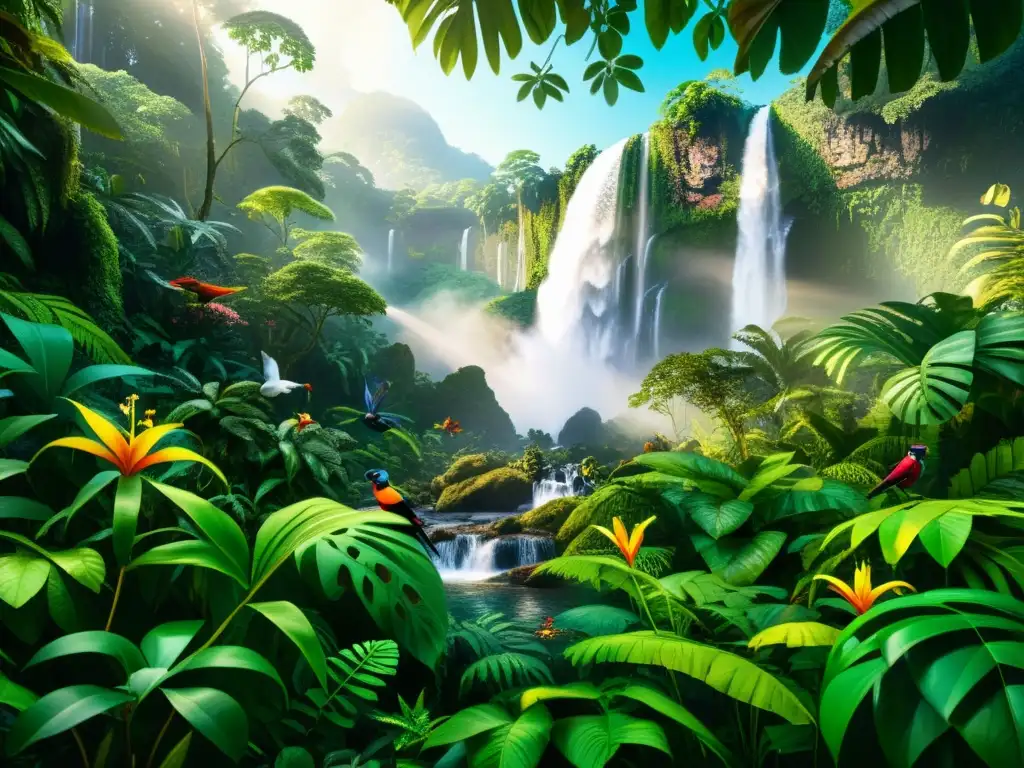 Detallada ilustración de una exuberante selva tropical con flora y fauna mundial