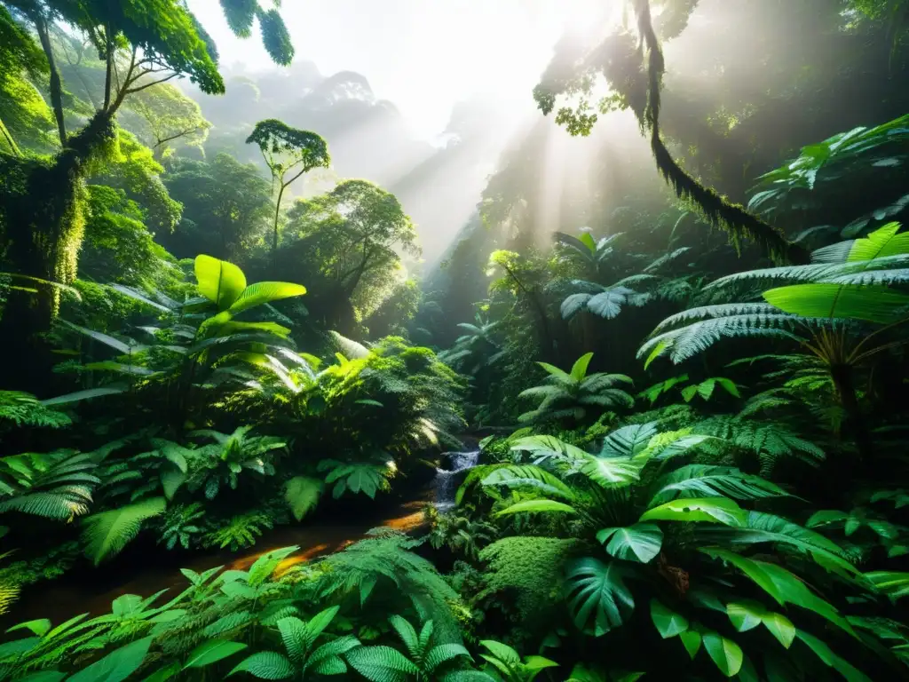 Una fotografía detallada de un exuberante y vibrante bosque lluvioso, reflejando la transformación de ecosistemas