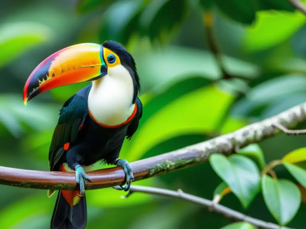 Detallada foto de un colorido tucán en la selva, con el pico abierto y una fruta madura