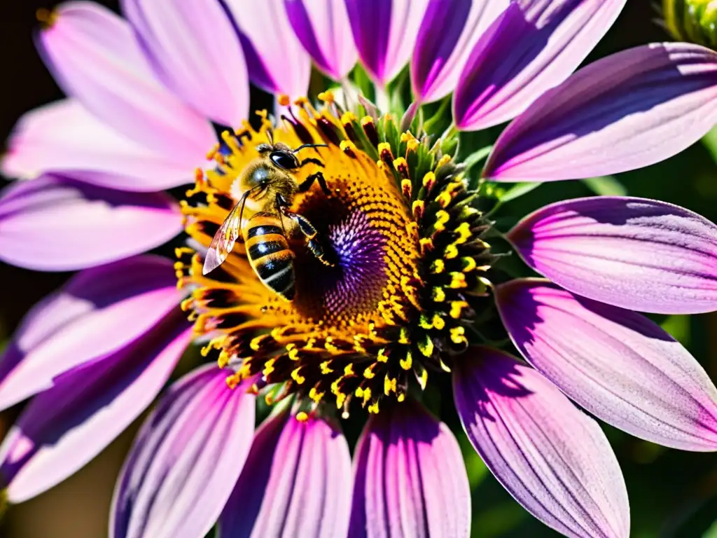 Detallada imagen de una abeja recolectando néctar de una coneflower morada en un jardín amigable para polinizadores