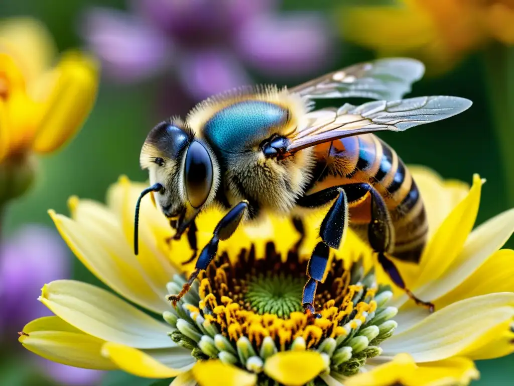 Detallada imagen de una abeja cubierta de polen, posada en una flor vibrante