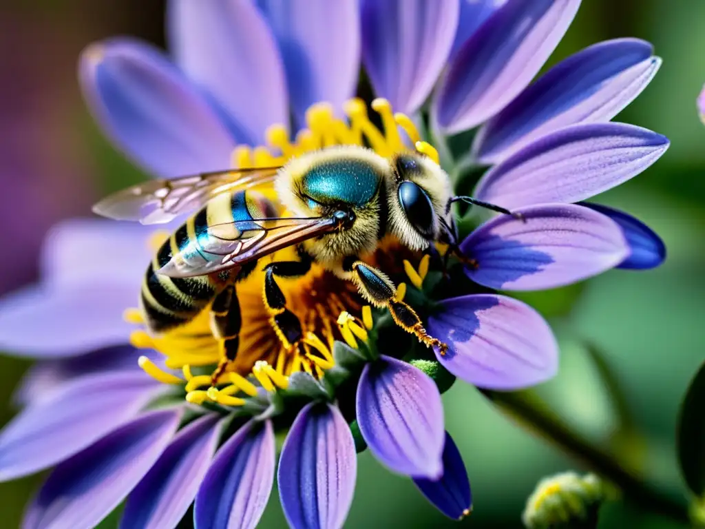 Detallada imagen de una abeja cubierta de polen en una flor morada, resaltando la belleza de la polinización en la naturaleza