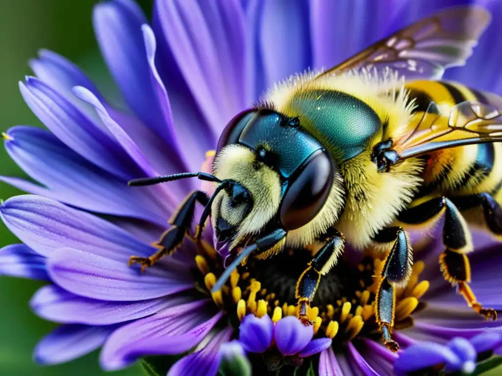 Detallada imagen de una abeja cubierta de polen sobre una flor morada, resaltando la interconexión entre insectos y el mundo natural