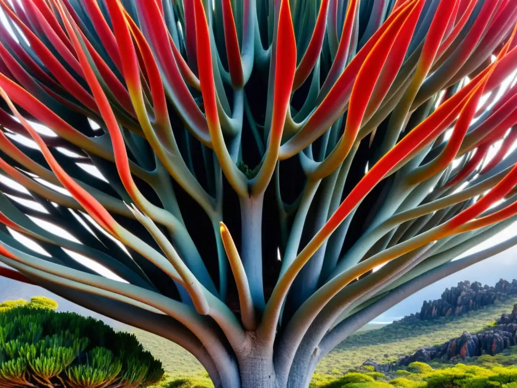 Detallada imagen de un árbol de sangre de dragón en Socotra