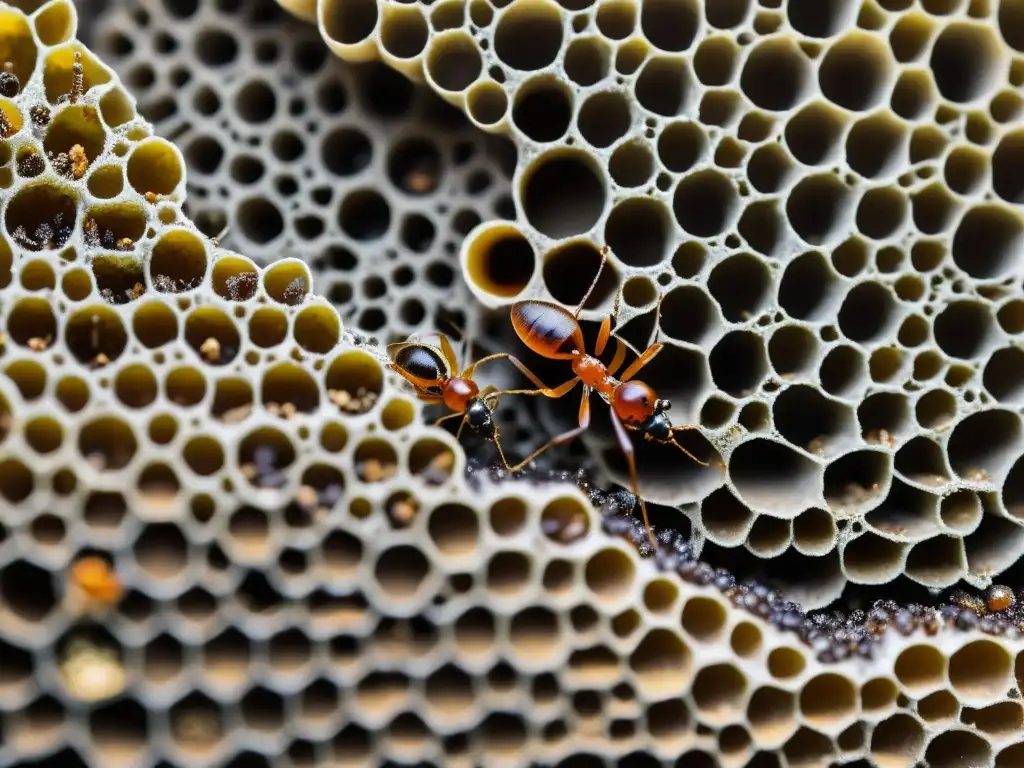 Una detallada imagen de una bulliciosa colonia de hormigas en un entorno urbano, mostrando la compleja red de túneles y la interacción social