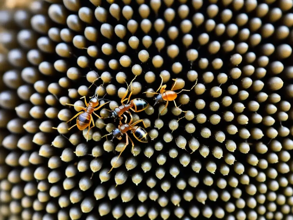 Una detallada imagen de una bulliciosa colonia de hormigas, mostrando la colaboración de insectos sociales para supervivencia en intrincados túneles y cámaras