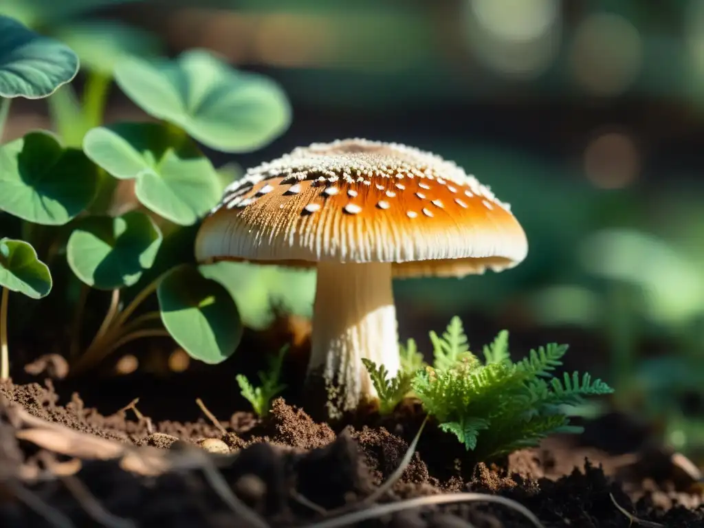 Detallada imagen de un cultivo de setas en el jardín, con delicadas setas y micelio en suelo oscuro, iluminado por el sol entre las hojas