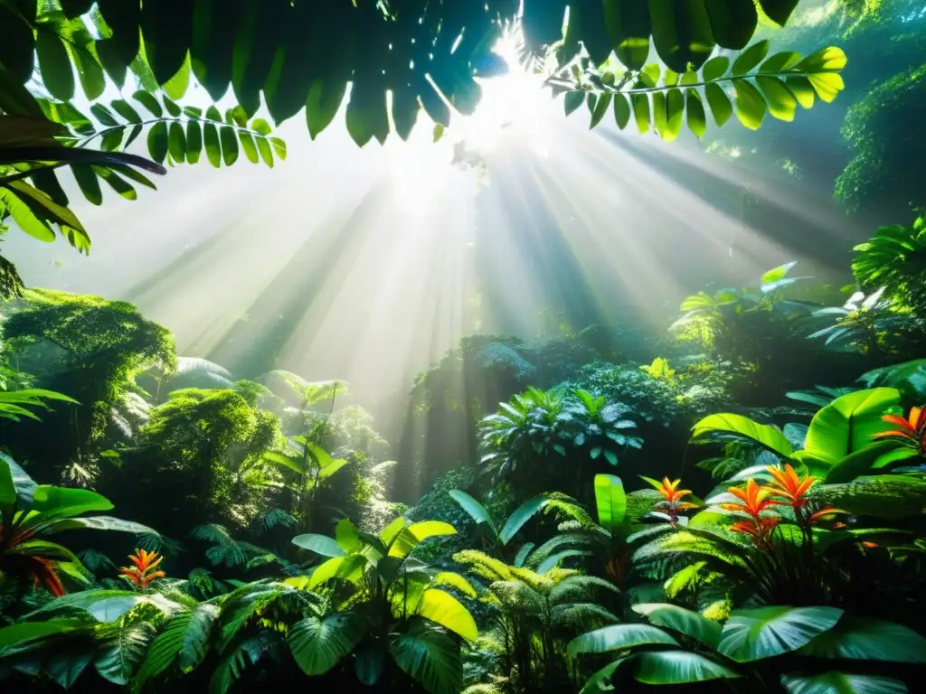 Detallada imagen de ecosistema de selva tropical, con flora exuberante, vida silvestre variada y luz solar filtrada