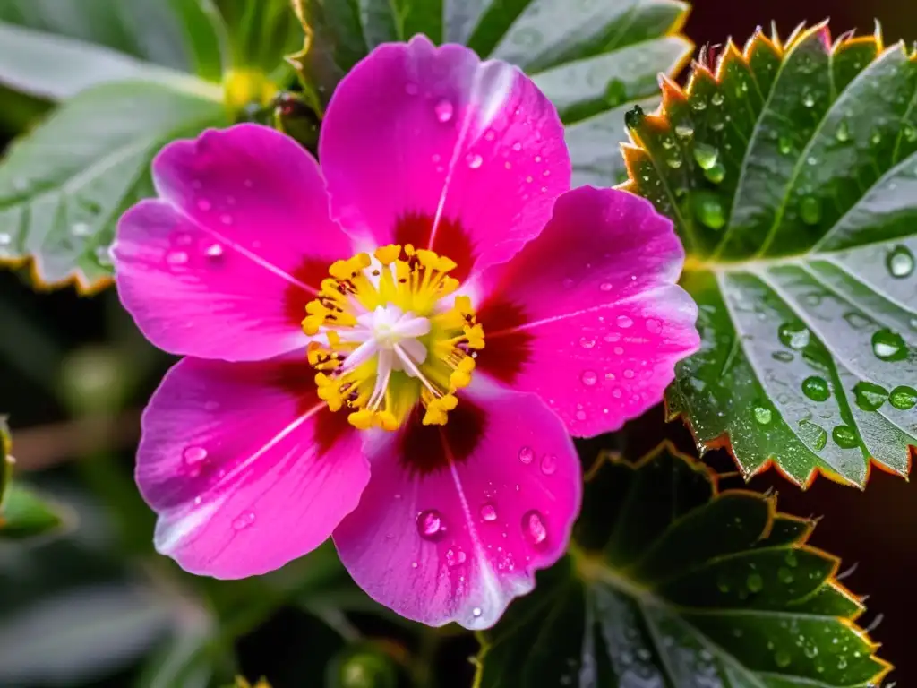 Detallada imagen de una flor rosa Cistus creticus con gotas de rocío, destacando la belleza única de esta planta endémica del ecosistema mediterráneo