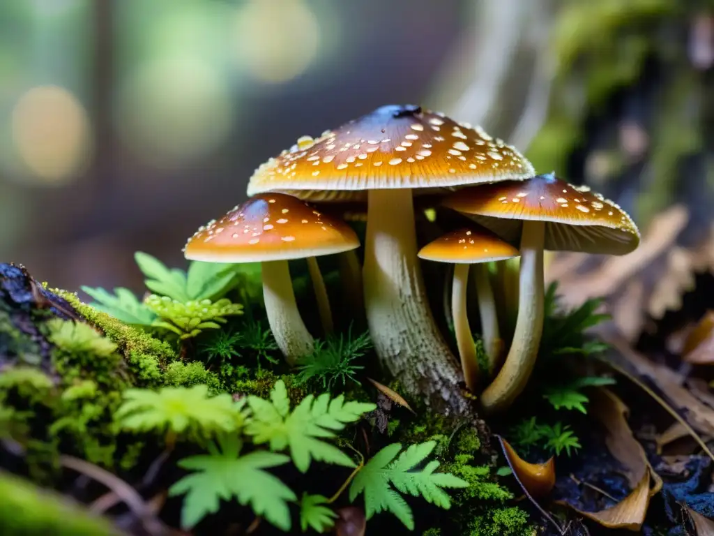 Detallada imagen de un grupo de setas silvestres creciendo en la base de un tronco cubierto de musgo en el jardín