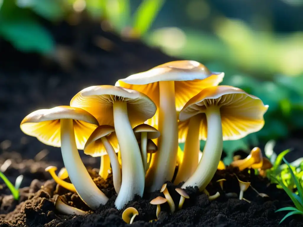 Detallada imagen de un grupo de setas doradas en un jardín, resaltando la belleza natural del cultivo de setas en el jardín