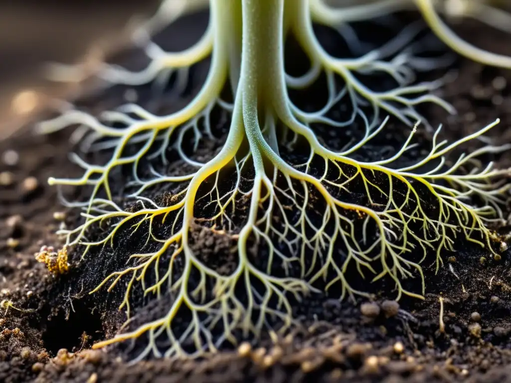 Detallada imagen de hongos micorrícicos en simbiosis con raíces de planta en suelo fértil