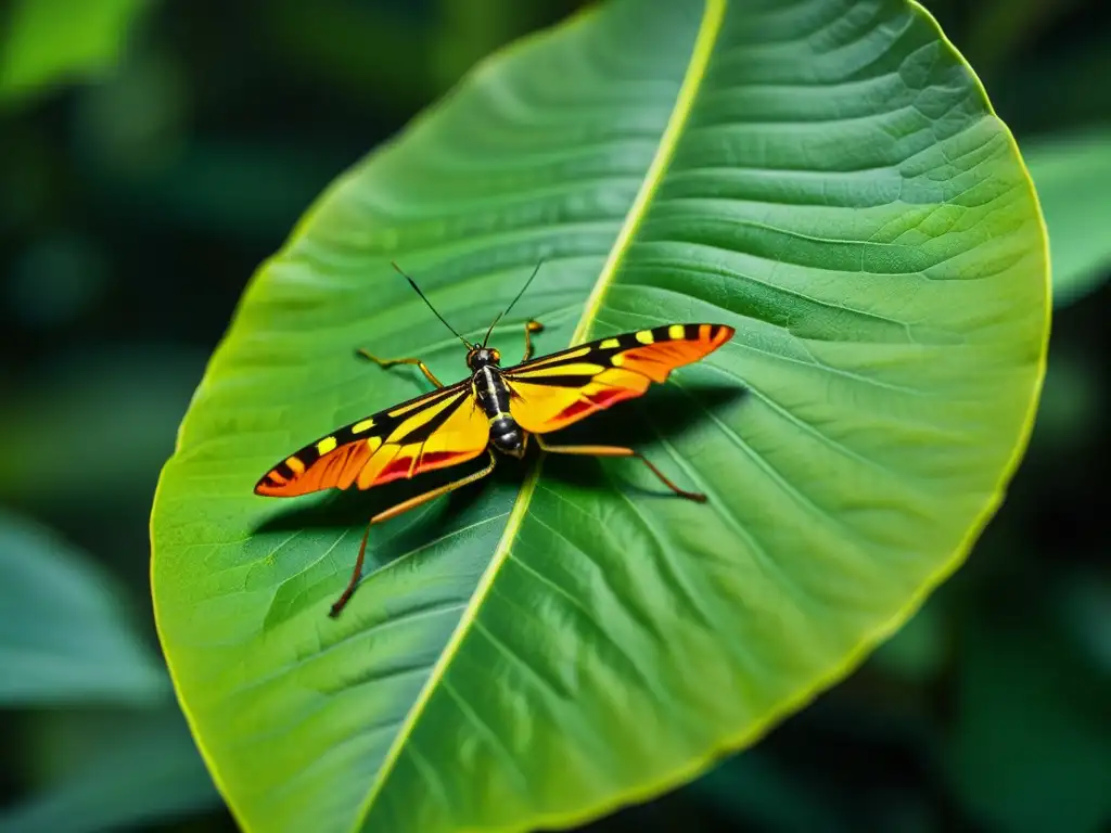 Detallada imagen de un insecto mimetizado entre hojas en la exuberante selva tropical, destacando su camuflaje perfecto