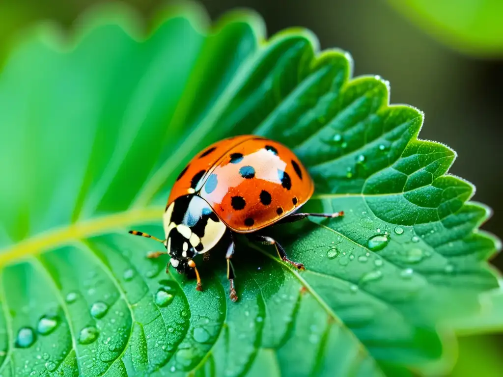 Detallada imagen de una mariquita en una hoja verde con gotas de agua, resaltando el control natural de plagas en jardín