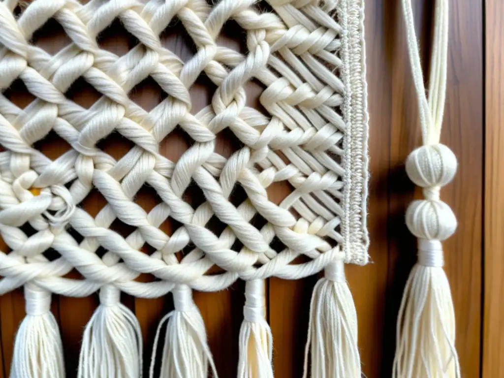 Detallada imagen de un tapiz de macramé tejido a mano con elementos ecofriendly para decoración sostenible, destacando la artesanía y textura natural