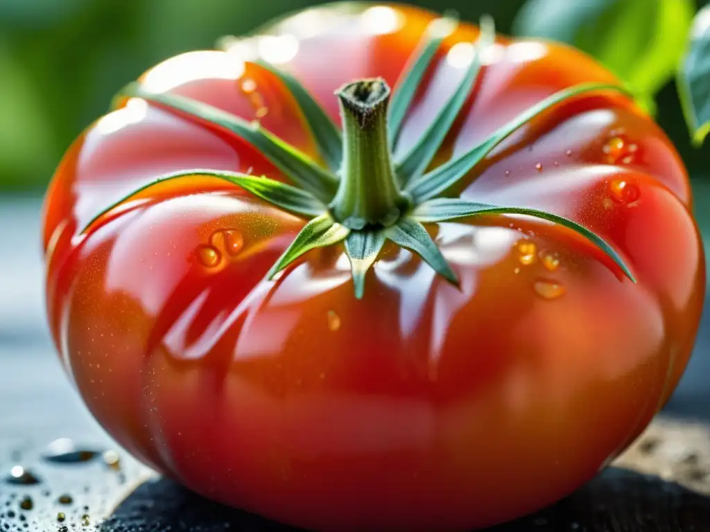 Detallada imagen de un tomate orgánico recién cosechado, vibrante y brillante, en un entorno de follaje exuberante