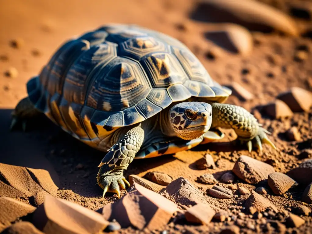 Detallada imagen de una tortuga del desierto cruzando terreno árido, mostrando adaptación de flora y fauna en zonas áridas