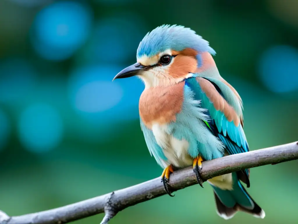 Detallada imagen de un vibrante carraca europea posada en una rama, exhibiendo su plumaje azul y canela