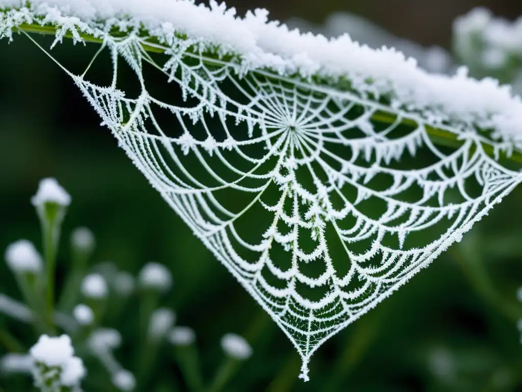 Detallada red de telarañas cubiertas de escarcha entre plantas alpinas, con copos de nieve