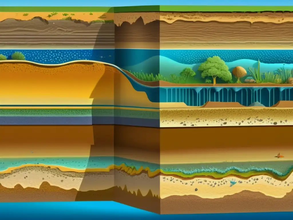 Detallado corte transversal revelando antiguos ecosistemas acuáticos ocultos bajo la tierra