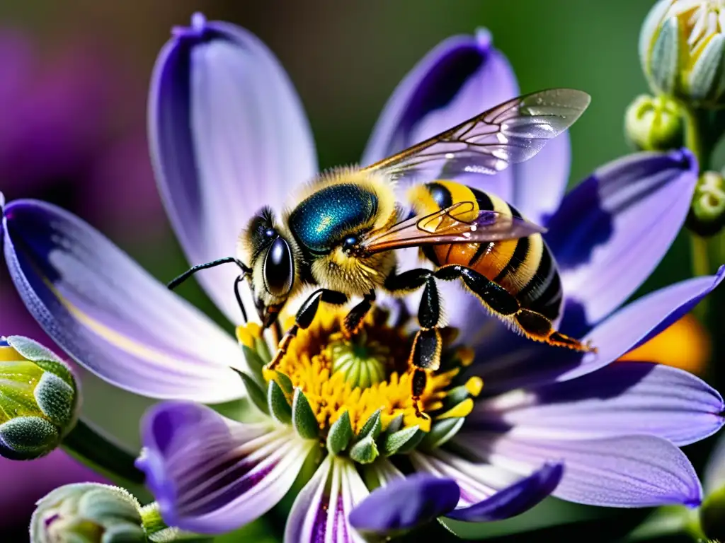 Detalle de abeja cubierta de polen sobre flor morada, en ecosistema diverso