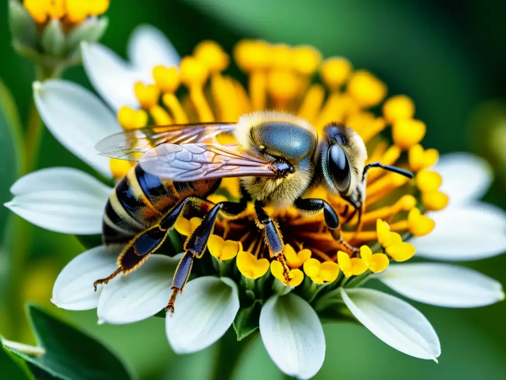 Detalle de abeja cubierta de polen en flor, resaltando la adaptación de los insectos al cambio climático en ecosistema diverso y vibrante