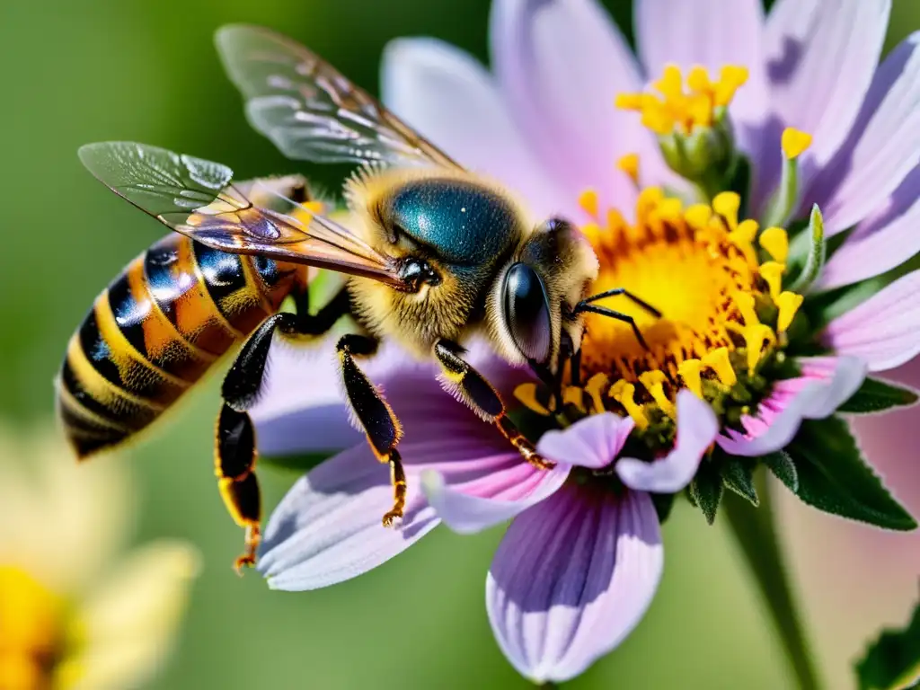 Detalle de abeja cubierta de polen amarillo sobre flor rosa