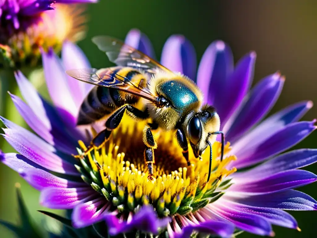 Detalle de abeja cubierta de polen sobre flor morada, resaltando la importancia de los polinizadores en ecosistemas