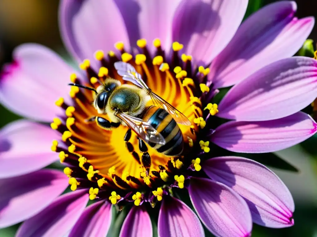 Detalle de abeja cubierta de polen amarillo sobre flor rosa en parque urbano, resaltando la importancia abejas polinizadoras en ciudad