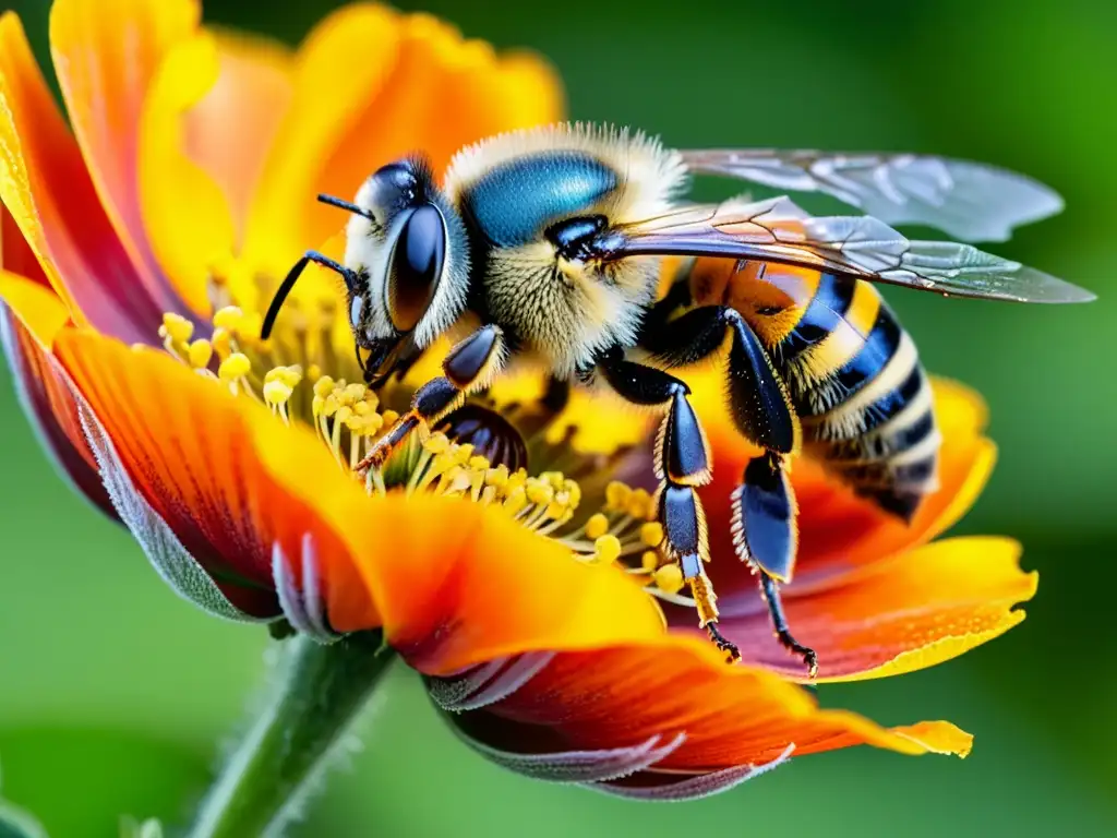 Detalle de una abeja cubierta de polen amarillo en una flor de amapola naranja